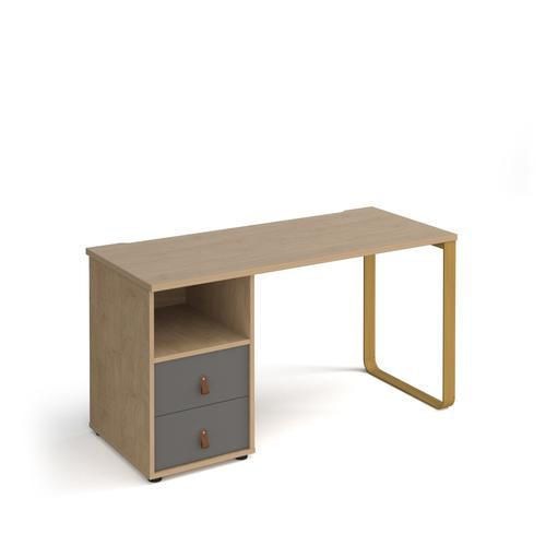 Rectangular Sleigh Frame Desk Kendal Oak Wood, Metal Brass Cairo 1400 x 600 x 730mm 2 Drawer Pedestal