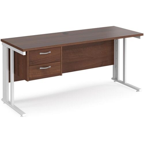 Rectangular Straight Desk Walnut Wood Cable Managed Legs White Maestro 25 1600 x 600 x 725mm 2 Drawer Pedestal