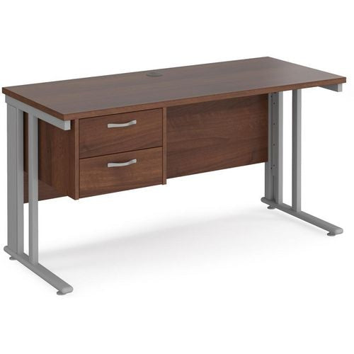 Rectangular Straight Desk Walnut Wood Cable Managed Legs Silver Maestro 25 1400 x 600 x 725mm 2 Drawer Pedestal