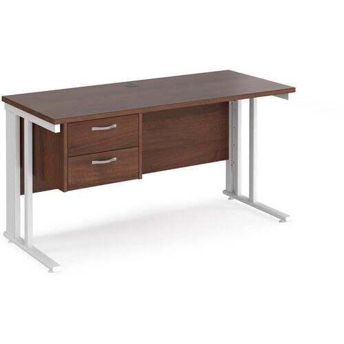 Rectangular Straight Desk Walnut Wood Cable Managed Legs White Maestro 25 1400 x 600 x 725mm 2 Drawer Pedestal