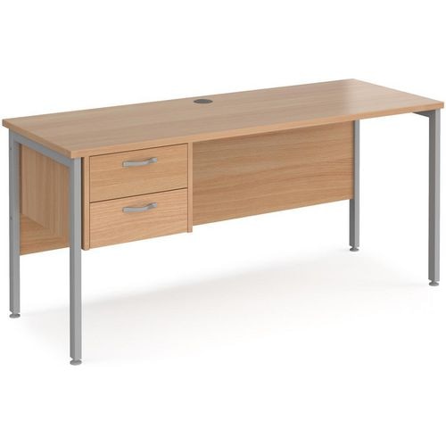 Rectangular Straight Desk Beech Wood H-Frame Legs Silver Maestro 25 1600 x 600 x 725mm 2 Drawer Pedestal