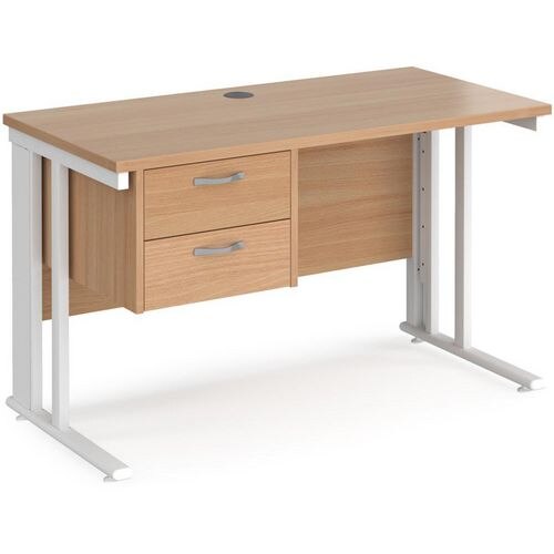 Rectangular Straight Desk Beech Wood Cable Managed Legs White Maestro 25 1200 x 600 x 725mm 2 Drawer Pedestal