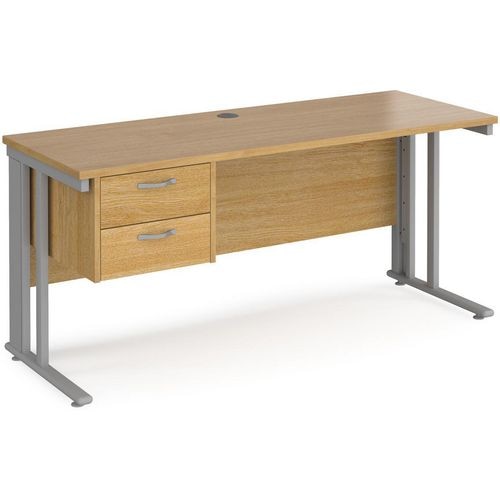 Rectangular Straight Desk Oak Wood Cable Managed Legs Silver Maestro 25 1600 x 600 x 725mm 2 Drawer Pedestal