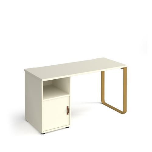 Rectangular Straight Desk with Sleigh Frame and Cupboard White Wood/Metal Sleigh Legs Brass Cairo 1400 x 600 x 730mm