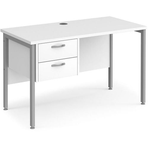 Rectangular Straight Desk White Wood H-Frame Legs Silver Maestro 25 1200 x 600 x 725mm 2 Drawer Pedestal