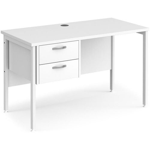 Rectangular Straight Desk White Wood H-Frame Legs White Maestro 25 1200 x 600 x 725mm 2 Drawer Pedestal