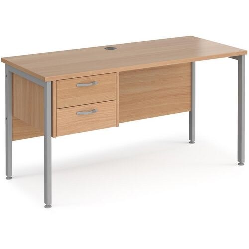 Rectangular Straight Desk Beech Wood H-Frame Legs Silver Maestro 25 1400 x 600 x 725mm 2 Drawer Pedestal