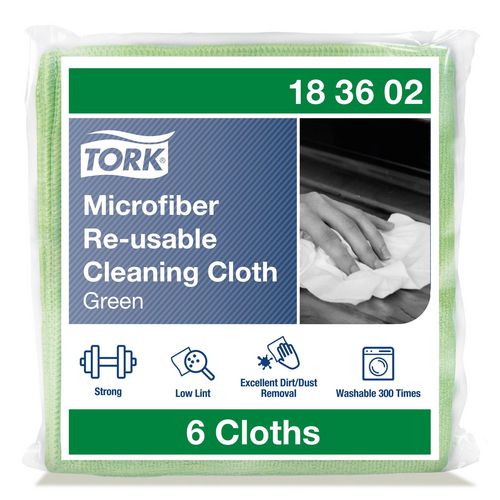 Tork Microfiber Reusable Cleaning Cloth Green Dry and Wet Use 183602 Pack of 6