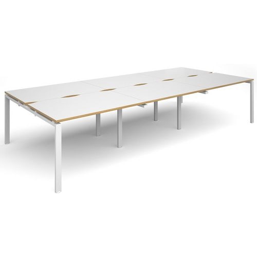 Dams International Rectangular Triple Back to Back Desk with White Melamine Top, Oak Edging and White Frame 4 Legs Adapt II 3600 x 1600 x 725 mm