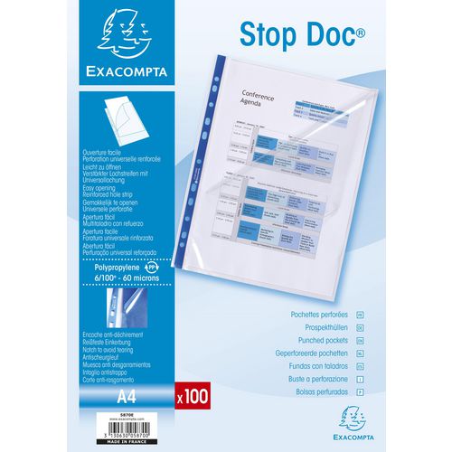 Exacompta STOP DOC Punched Pockets A4 Clear Transparent 0,06mm Polypropylene Top Opening 5870E Pack of 100