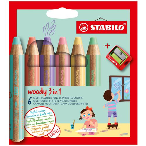 STABILO woody 3 in 1 Multi Talented Colouring Pencil Assorted Pastel Colours with Sharpener Pack of 6