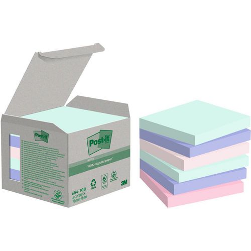 Post-it Recycled Sticky Notes Assorted Pastel 76 x 76 mm 100 Sheets Pack of 6