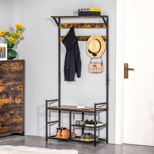 HOMCOM Storage Bench with Coat Rack with 9 Hooks Brown, Black