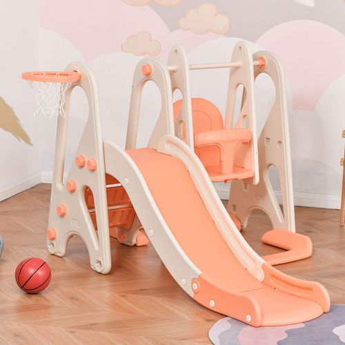 HOMCOM 3 in 1 Design Kids Swing and Slide Set with Basketball Hoop Pink