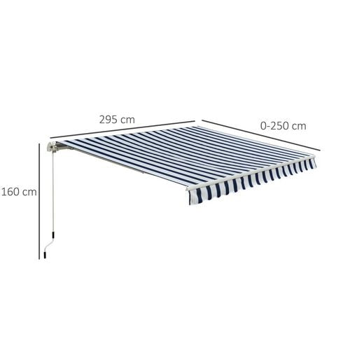 OutSunny Manual Retractable Awning, 3x2.5 m-Blue/White Stripes