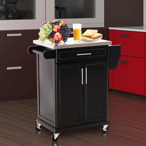 HOMCOM Kitchen Island, MDF, Stainless Steel Top-Black