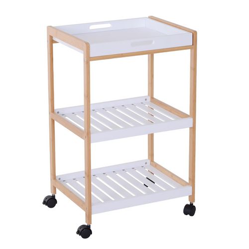 HOMCOM Kitchen Trolley, Bamboo/MDF board, 46Lx35Wx74.5H cm-White/Bamboo Colour