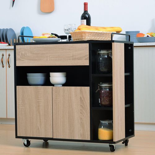 HOMCOM Rolling Kitchen Island, 76.5Wx40Dx82H cm-Oak/Black Colour