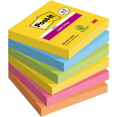 Post-it Super Sticky Notes 76 x 76 mm Blue, Green, Orange, Pink, Yellow Squared Plain 6 Pads of 90 Sheets