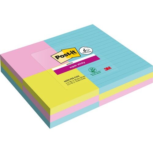 Post-it Super Sticky Lined 101 x 152 mm Blue, Green, Pink Rectangular Ruled 9 Pads of 90 Sheets