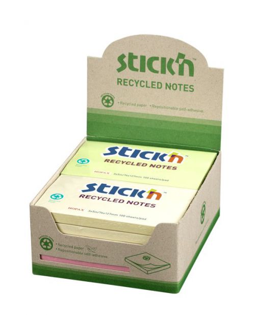 Stickn Recycled Sticky Notes 76x127mm 100 Sheets Per Pad Assorted Colours (Pack 12) - 21435WP