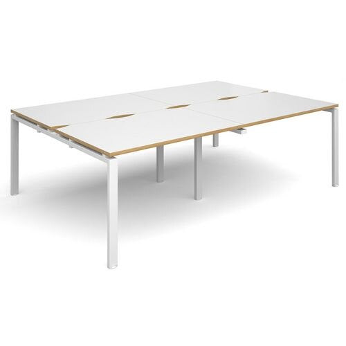 Dams International Rectangular Double Back to Back Desk with White Melamine Top, Oak Edging and White Frame 4 Legs Adapt II 2400 x 1600 x 725 mm