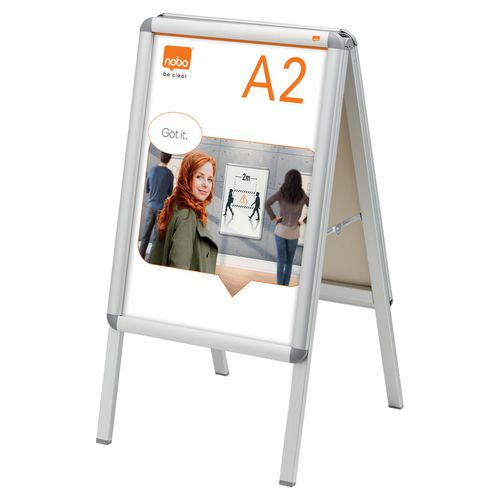 Nobo Premium Plus Freestanding Double-Sided Pavement Sign 1902207 A2 With Snap Aluminium Frame Anti-Glare Cover 475 x 890 mm Silver