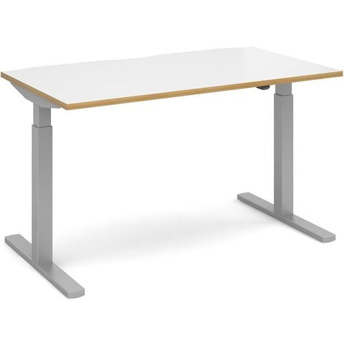 Elev8² Sit Stand Single Desk with White & Oak Edge Coloured Melamine Top and Silver Frame 2 Legs Mono 1400 x 800 x 675 - 1175 mm