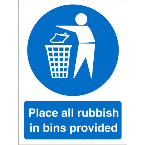 Mandatory Sign Rubbish In Bins vinyl Blue, White 20 x 15 cm