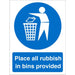 Mandatory Sign Rubbish In Bins vinyl Blue, White 30 x 20 cm