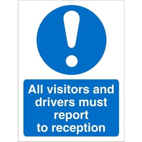 Mandatory Sign Visitors and Drivers Report to Reception Vinyl Blue, White 20 x 15 cm