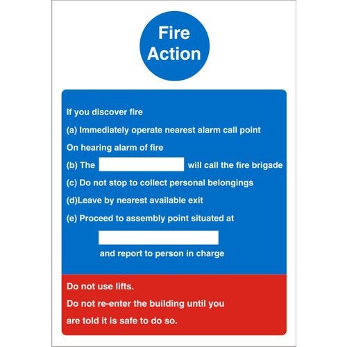 Fire Action Sign Self Adhesive Vinyl Assorted 20 x 15 cm