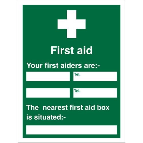 First Aid Sign First Aider Name and Location Vinyl 30 x 20 cm