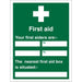 First Aid Sign First Aider Name and Location Plastic 30 x 20 cm