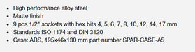 S9HEX 1.2in Drive Socket Set of 9 Metric