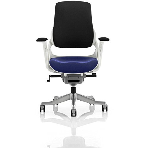 Dynamic Synchro Tilt Executive Chair Fixed Arms Zure Stevia Blue Seat, White Frame Without Headrest High Back