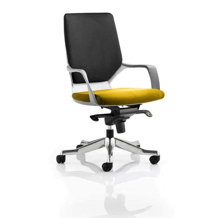 Dynamic Knee Tilt Visitor Chair Fixed Arms Xenon Black Back, Senna Yellow Seat, White Shell Without Headrest