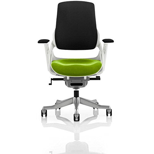 Dynamic Synchro Tilt Executive Chair With Green Fabric Height Adjustable Arms Zure White Frame Without Headrest High Back