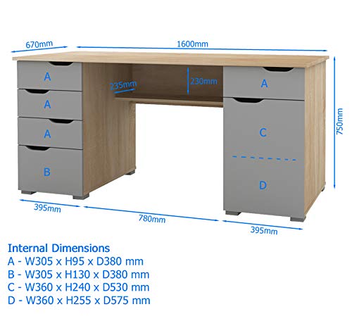 Alphason Rectangular Desk with Gloss White & White Oak Coloured MDF Top and 5 Drawers AW1374WHT 1600 x 670 x 750mm