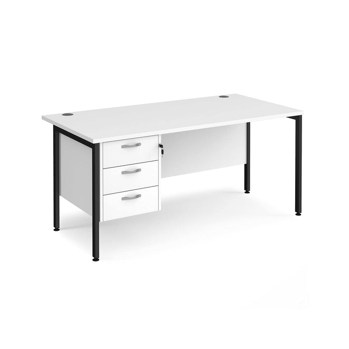 Rectangular Straight Desk White Wood H-Frame Legs Black Maestro 25 1600 x 800 x 725mm 3 Drawer Pedestal