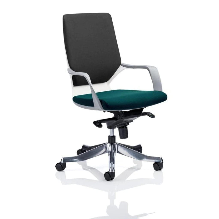 Dynamic Synchro Tilt Visitor Chair Fixed Arms Xenon Black Back, Maringa Teal Seat, White Shell Without Headrest Medium Back