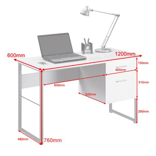 Alphason Rectangular Desk with White Melamine Top and Grey Frame and 2 Drawers Cabrini Desk 1200 x 600 x 760mm