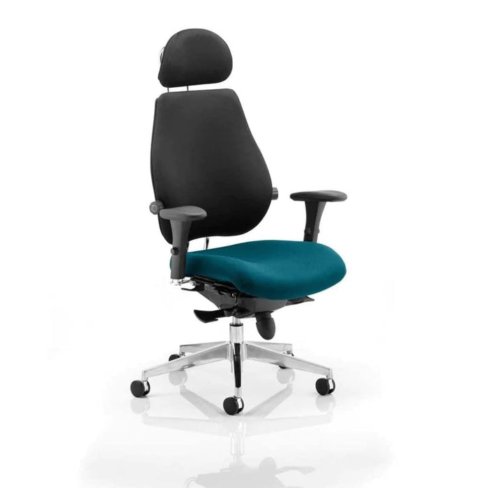 Dynamic Synchro Tilt Posture Chair Multi-Functional Arms Chiro Plus Ultimate Black Back, Maringa Teal Seat With Headrest High Back