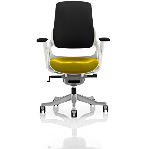 Dynamic Synchro Tilt Executive Chair Height Adjustable Arms Zure Black Back, Senna Yellow Seat, White Frame Without Headrest High Back