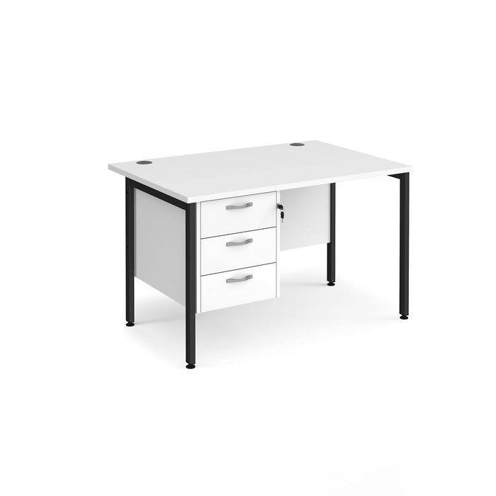 Rectangular Straight Desk White Wood H-Frame Legs Black Maestro 25 1200 x 800 x 725mm 3 Drawer Pedestal