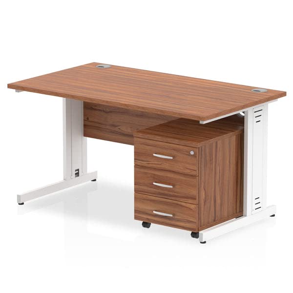 Dynamic Rectangular Straight Desk Walnut MFC Cable Managed Cantilever Leg Silver Frame Impulse 1 x 2 Drawer Mobile Pedestal Bundle 1400 x 800 x 730mm