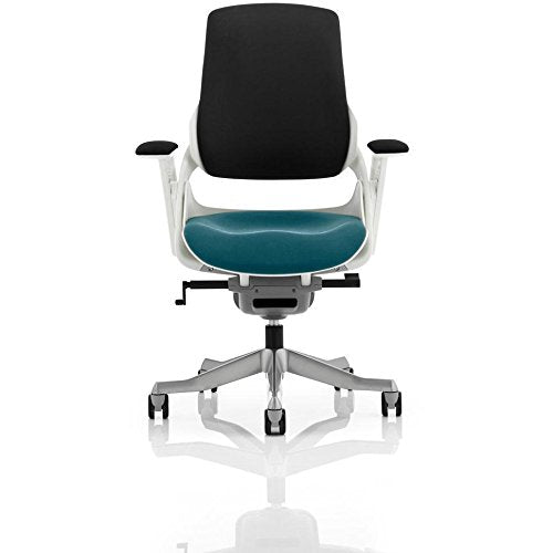 Dynamic Synchro Tilt Executive Chair Height Adjustable Arms Zure Black Back, Maringa Teal Seat, White Frame Without Headrest High Back