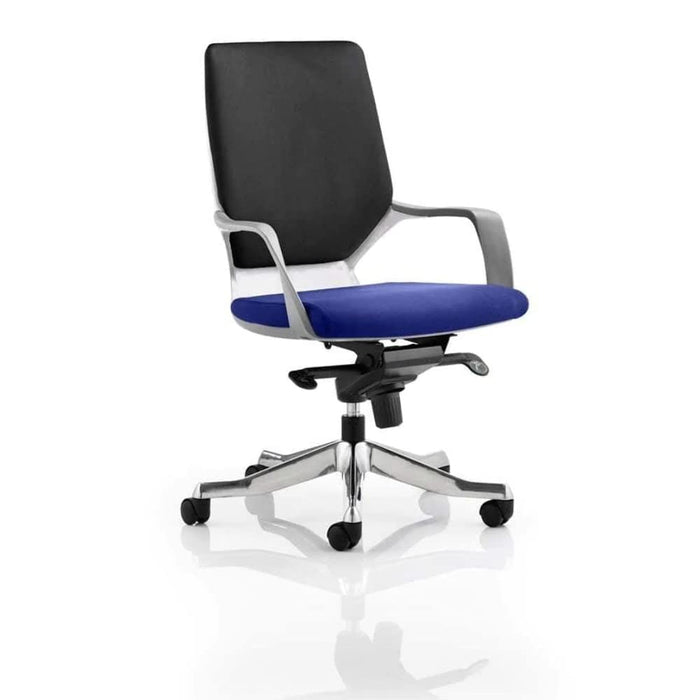 Dynamic Basic Tilt Visitor Chair Fixed Arms Xenon Black Back, Stevia Blue Seat, White Frame Without Headrest Medium Back