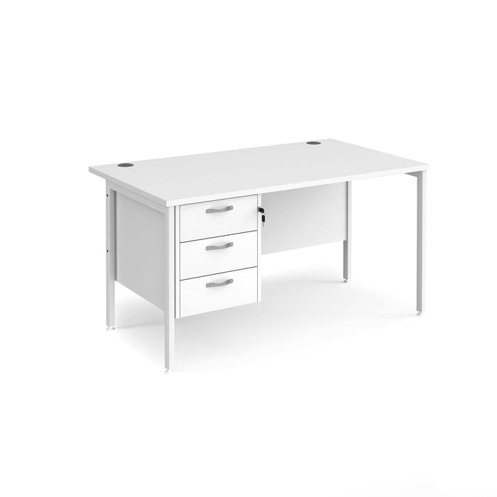 Rectangular Straight Desk White Wood H-Frame Legs White Maestro 25 1400 x 800 x 725mm 3 Drawer Pedestal