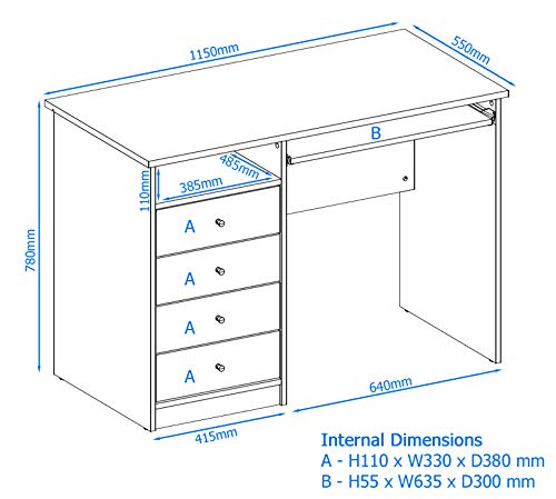 Alphason Rectangular Computer Desk with White Melamine Top and 4 Drawers Marymount 1150 x 550 x 780mm